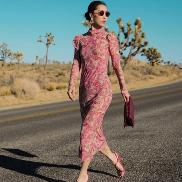 MISA Los Angeles Viviene Boho Pink Floral Mesh Vintage Bodycon Dress S NWT - Picture 1 of 6